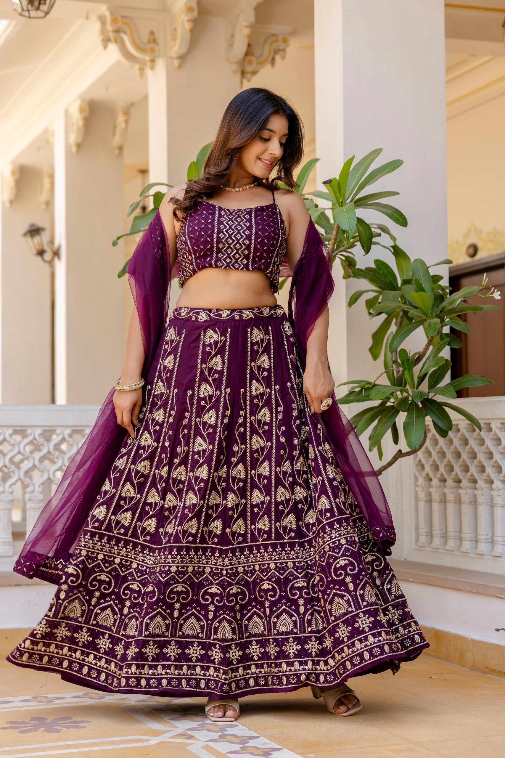 Purple Embroidered Georgette Lehenga Set with Sequins Work & Net Dupatta