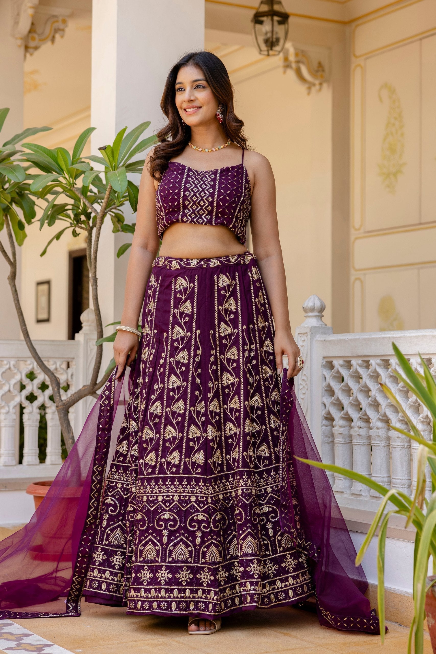 Purple Embroidered Georgette Lehenga Set with Sequins Work & Net Dupatta