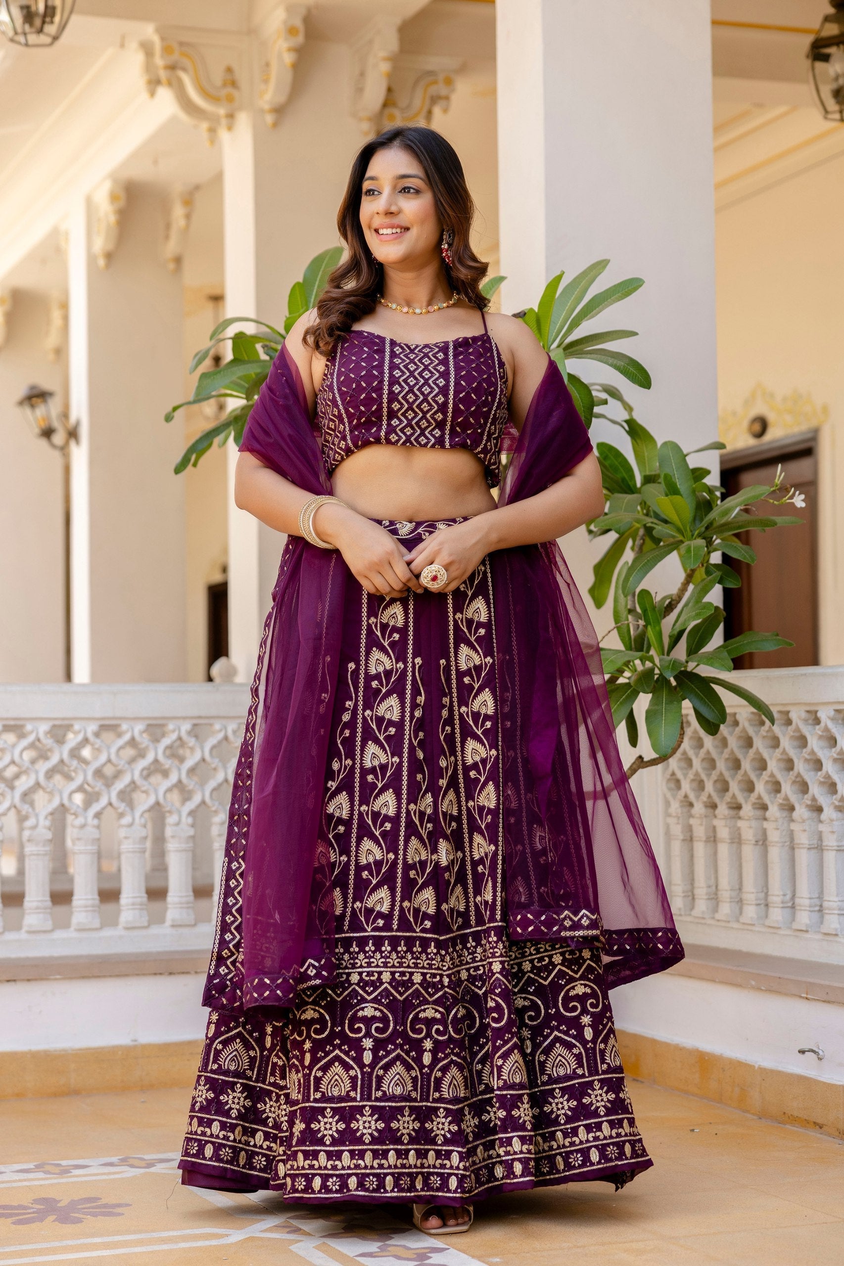 Purple Embroidered Georgette Lehenga Set with Sequins Work & Net Dupatta