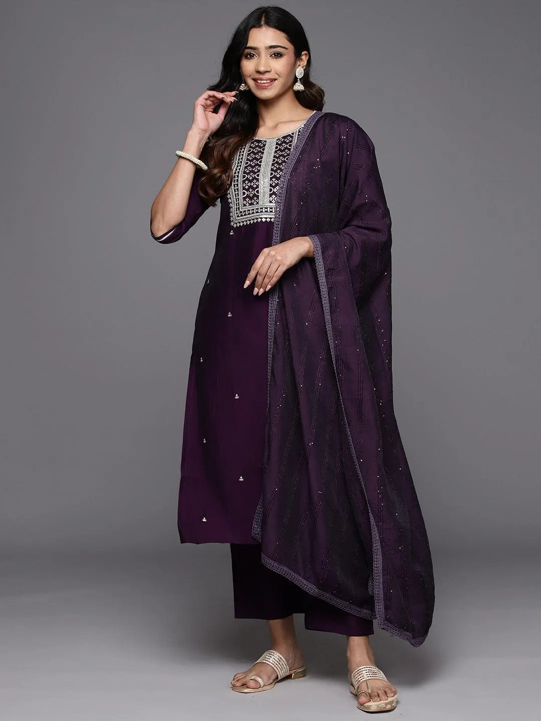 Anouk Purple Embroidered Silk Blend Straight Suit With Dupatta