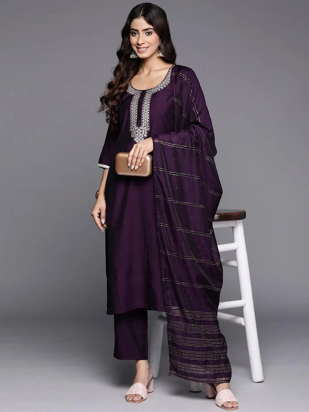 Anouk Purple Embroidered Silk Blend Straight Suit With Dupatta