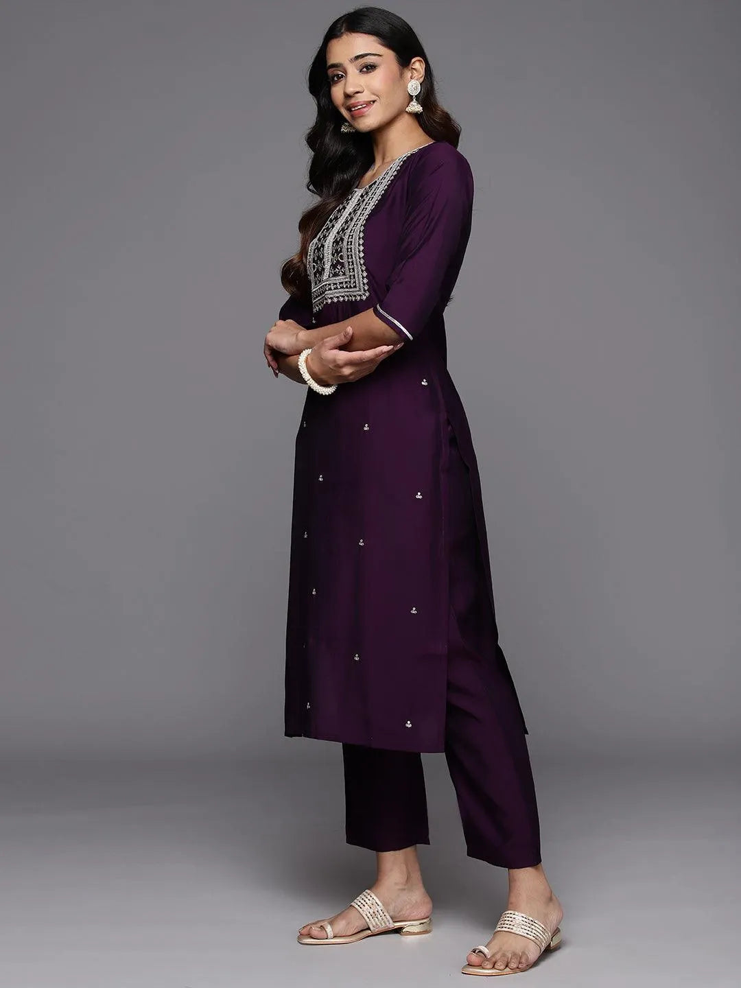 Anouk Purple Embroidered Silk Blend Straight Suit With Dupatta