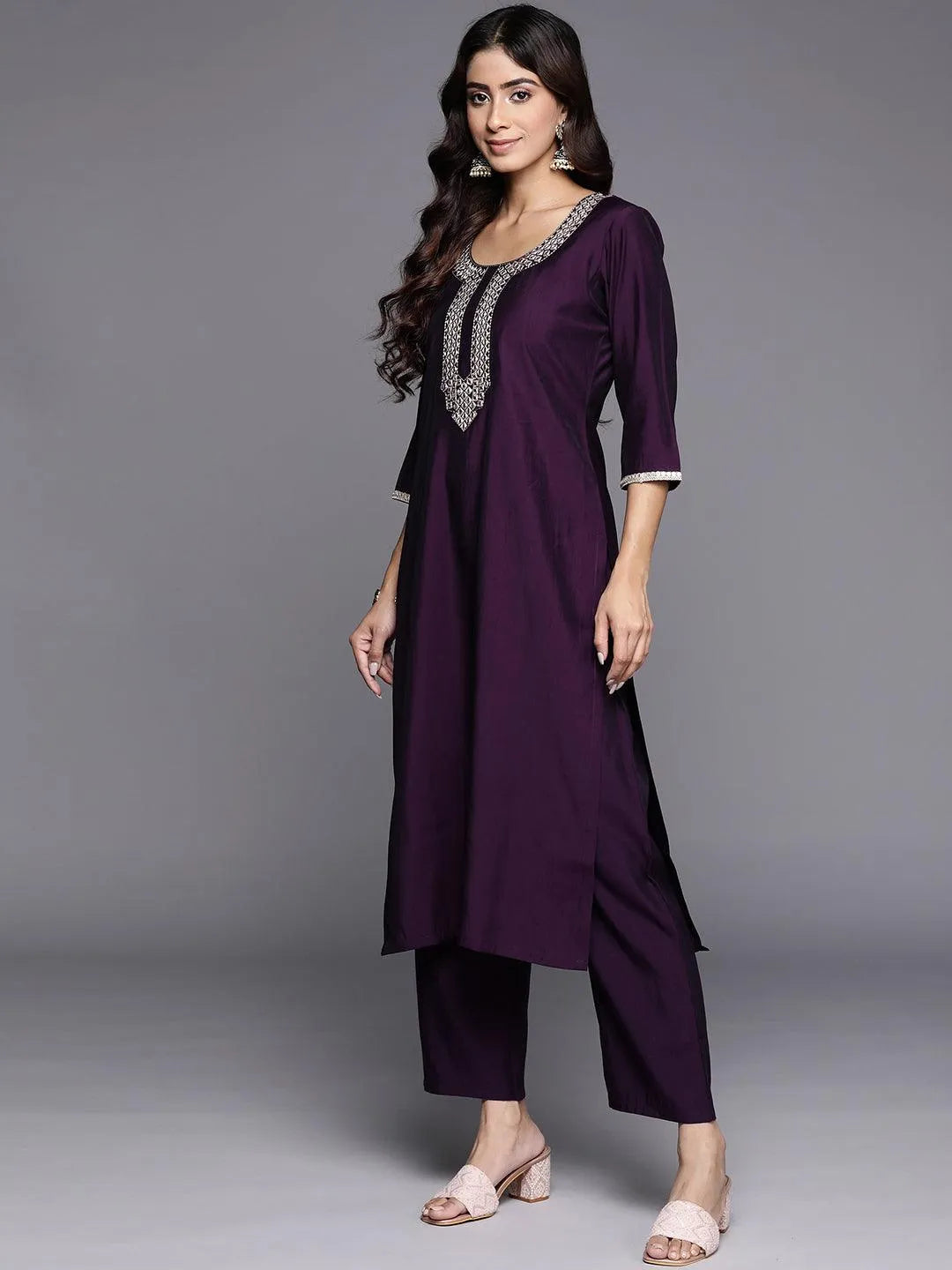 Anouk Purple Embroidered Silk Blend Straight Suit With Dupatta