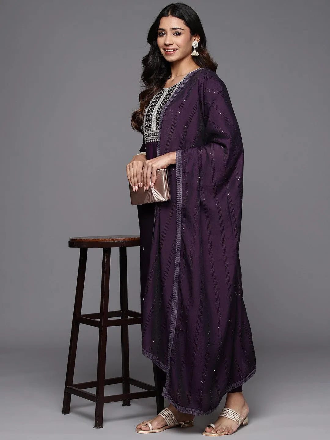 Anouk Purple Embroidered Silk Blend Straight Suit With Dupatta