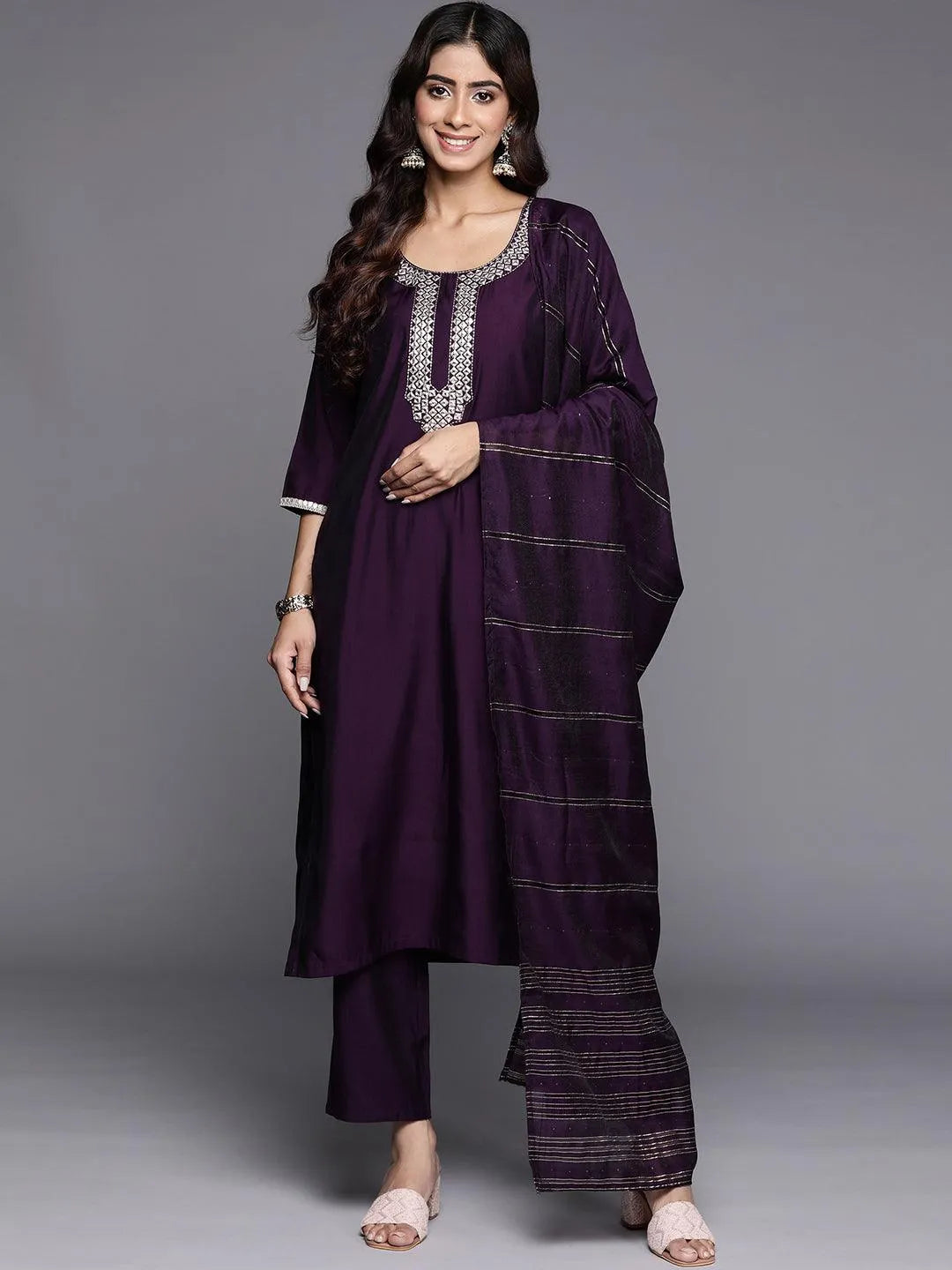 Anouk Purple Embroidered Silk Blend Straight Suit With Dupatta