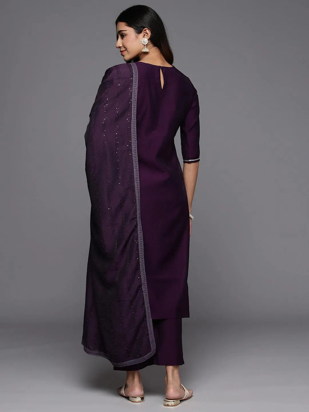 Anouk Purple Embroidered Silk Blend Straight Suit With Dupatta