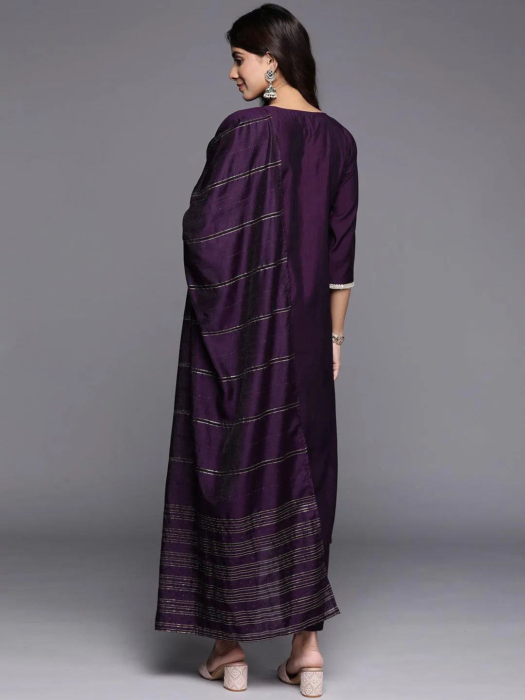 Anouk Purple Embroidered Silk Blend Straight Suit With Dupatta