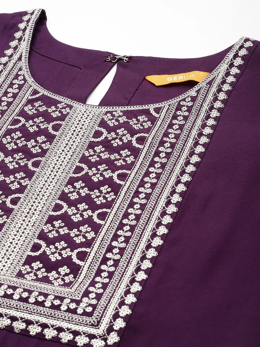 Anouk Purple Embroidered Silk Blend Straight Suit With Dupatta