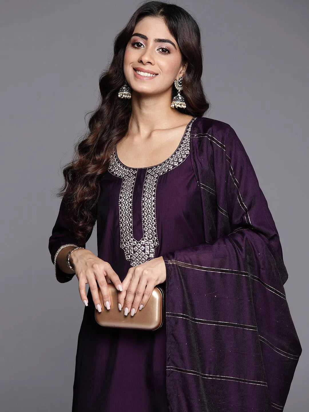 Anouk Purple Embroidered Silk Blend Straight Suit With Dupatta
