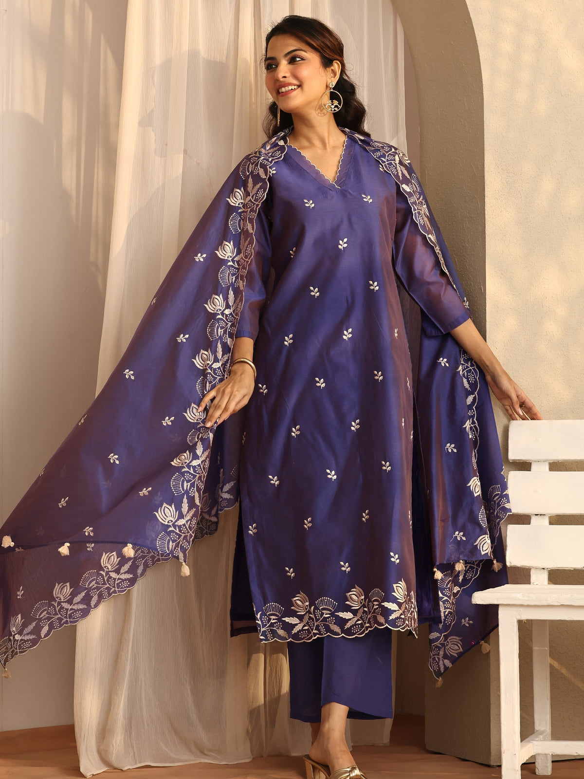 Anouk Purple Embroidered Silk Blend Straight Suit Set With Dupatta