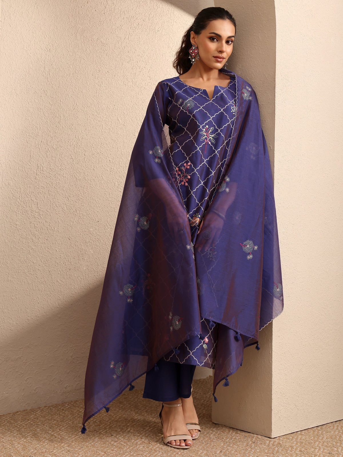 Anouk Purple Embroidered Silk Blend Straight Suit Set With Dupatta
