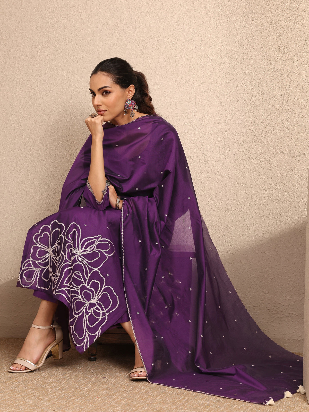 Anouk Purple Embroidered Silk Blend Straight Suit Set With Dupatta
