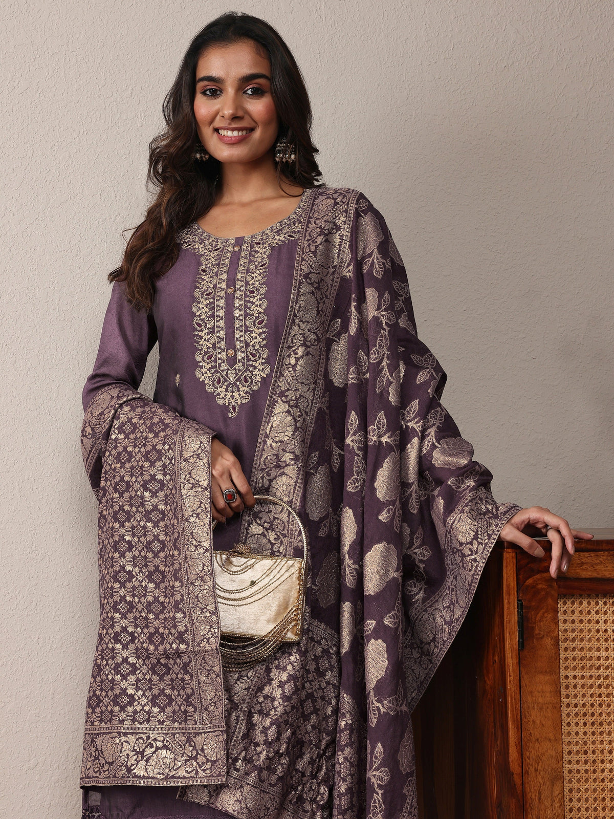 Anouk Purple Embroidered Silk Blend Straight Suit Set With Dupatta