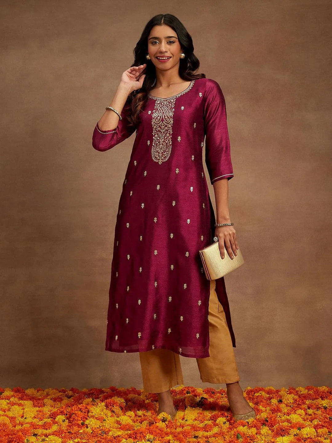 Anouk Purple Embroidered Silk Straight Kurta