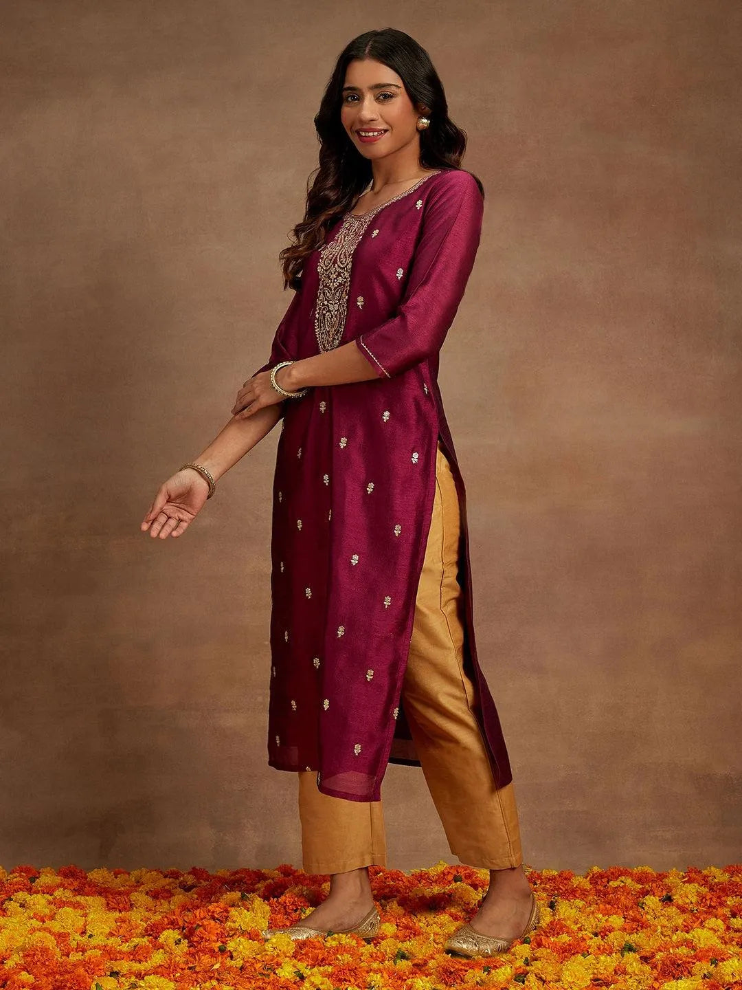 Anouk Purple Embroidered Silk Straight Kurta