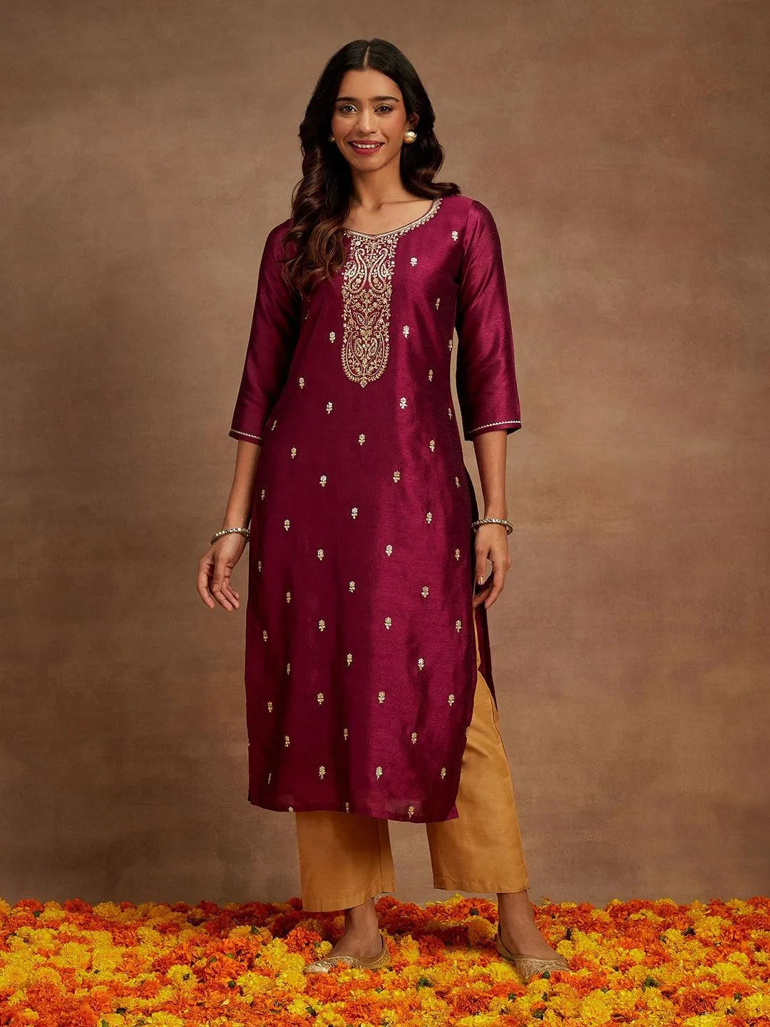 Anouk Purple Embroidered Silk Straight Kurta