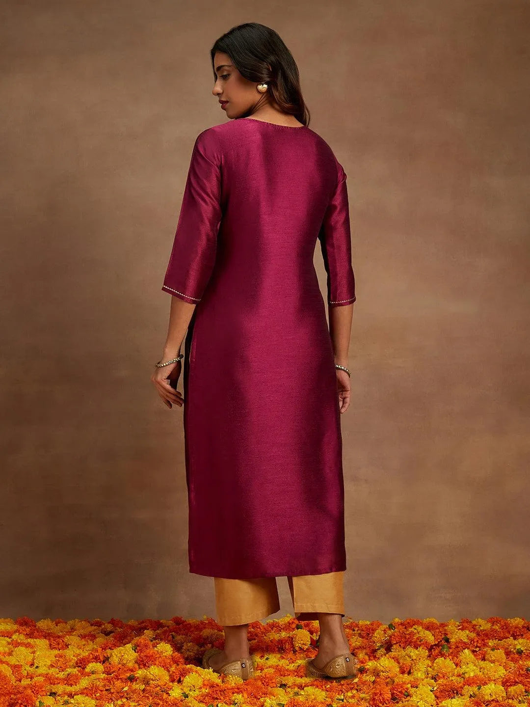 Anouk Purple Embroidered Silk Straight Kurta