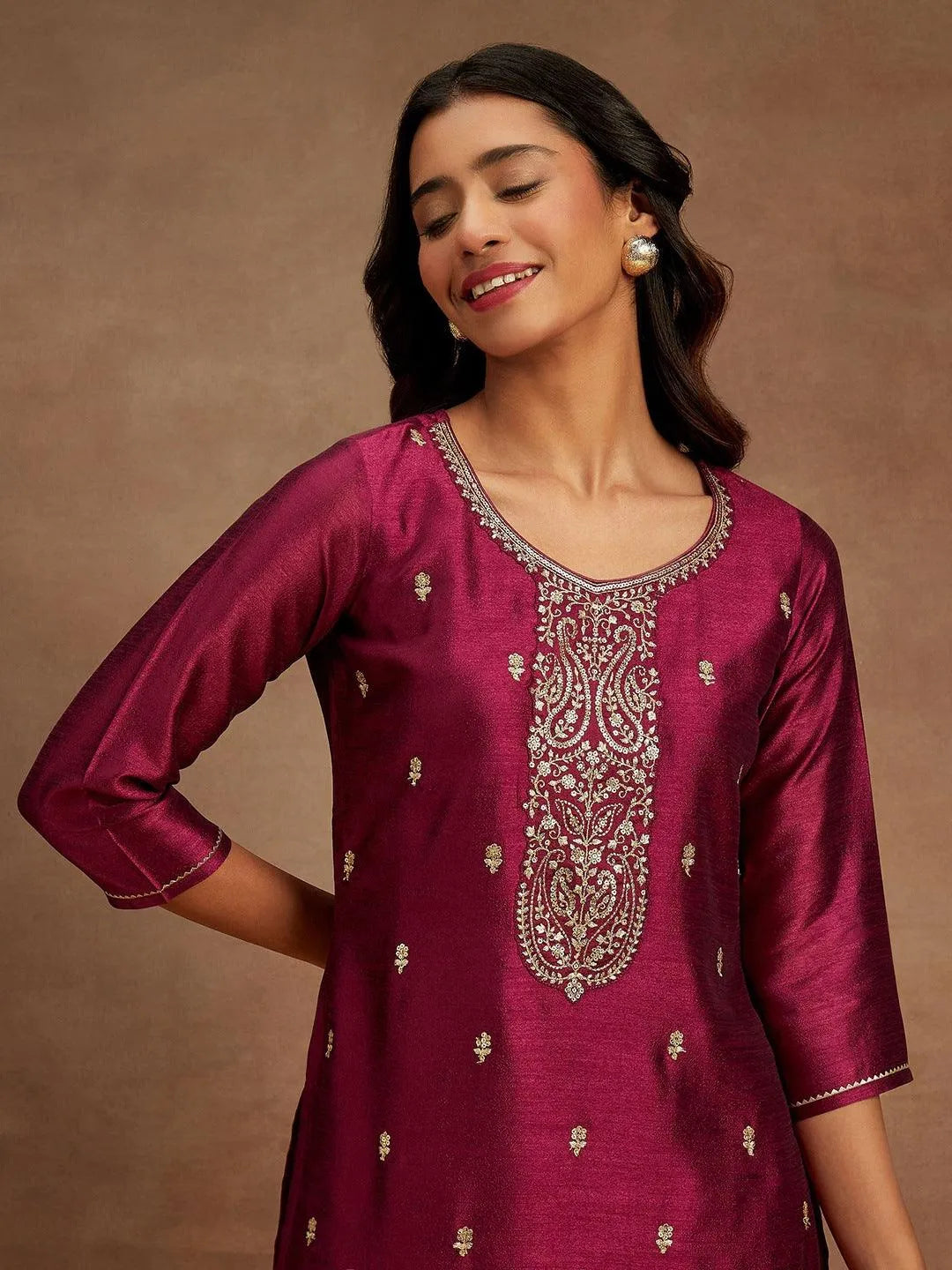 Anouk Purple Embroidered Silk Straight Kurta