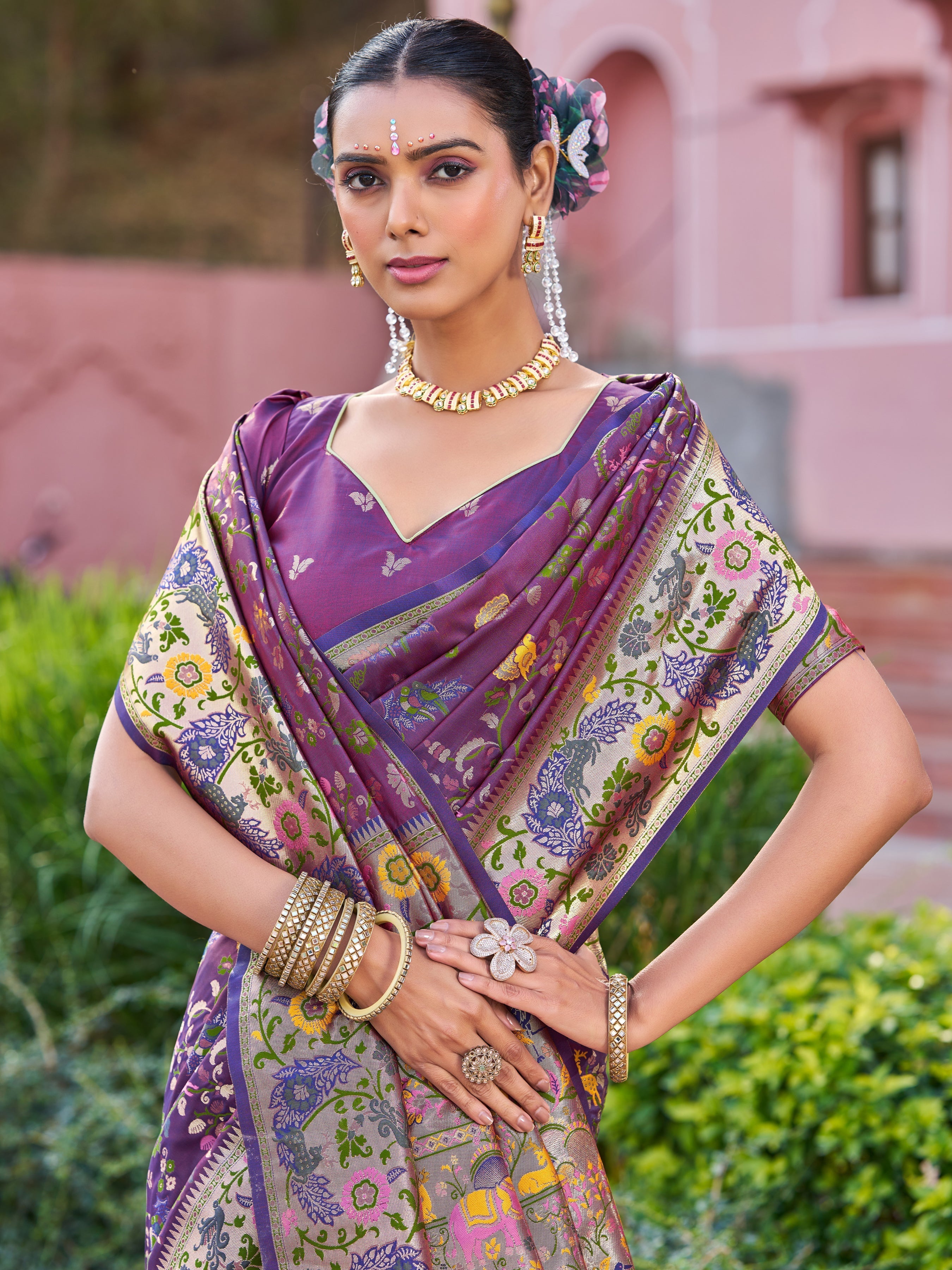 Purple Exquisite Banarasi Jacquard Art Silk Saree with Matching Border Blouse – Perfect for Weddings
