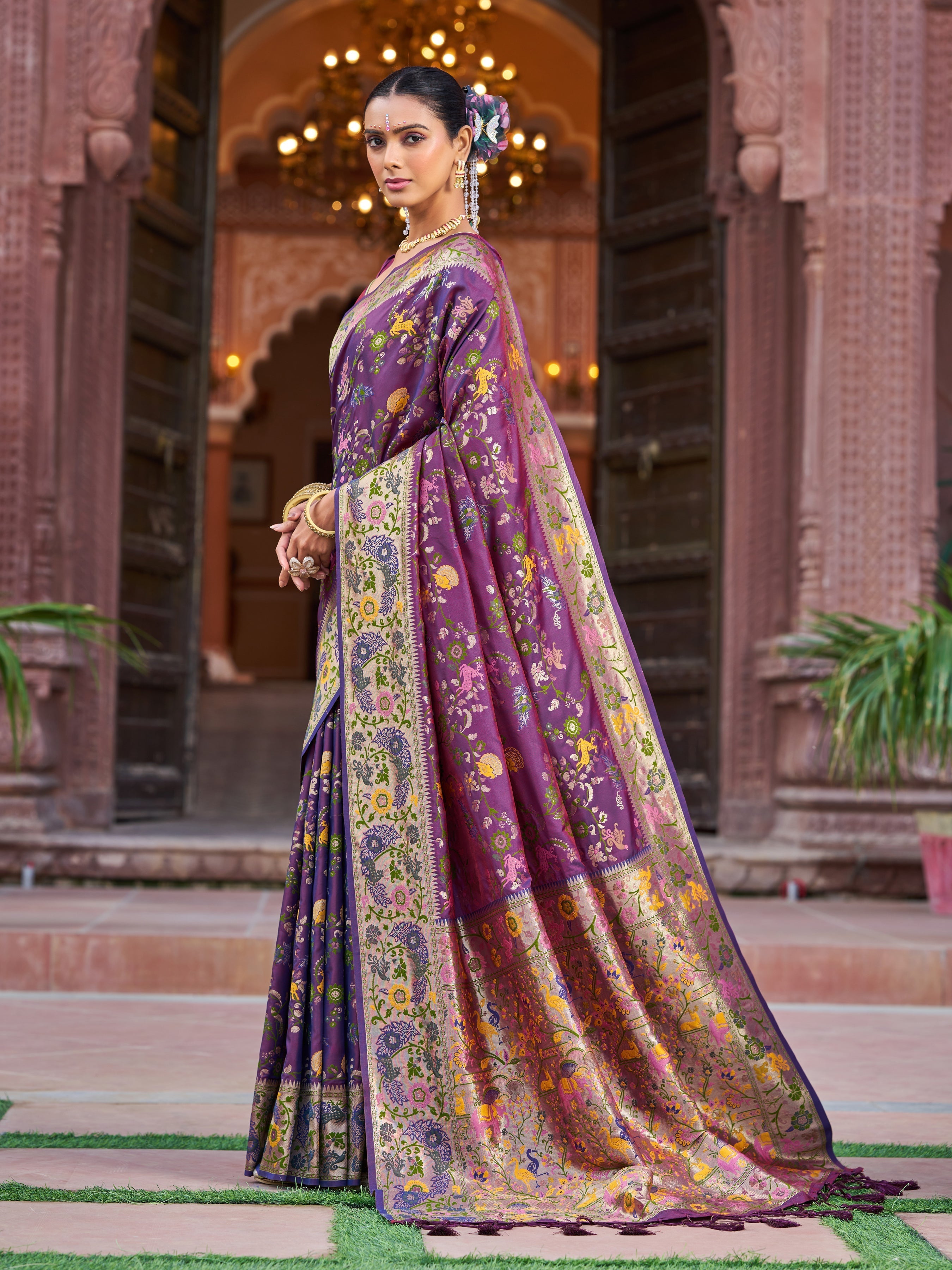 Purple Exquisite Banarasi Jacquard Art Silk Saree with Matching Border Blouse – Perfect for Weddings