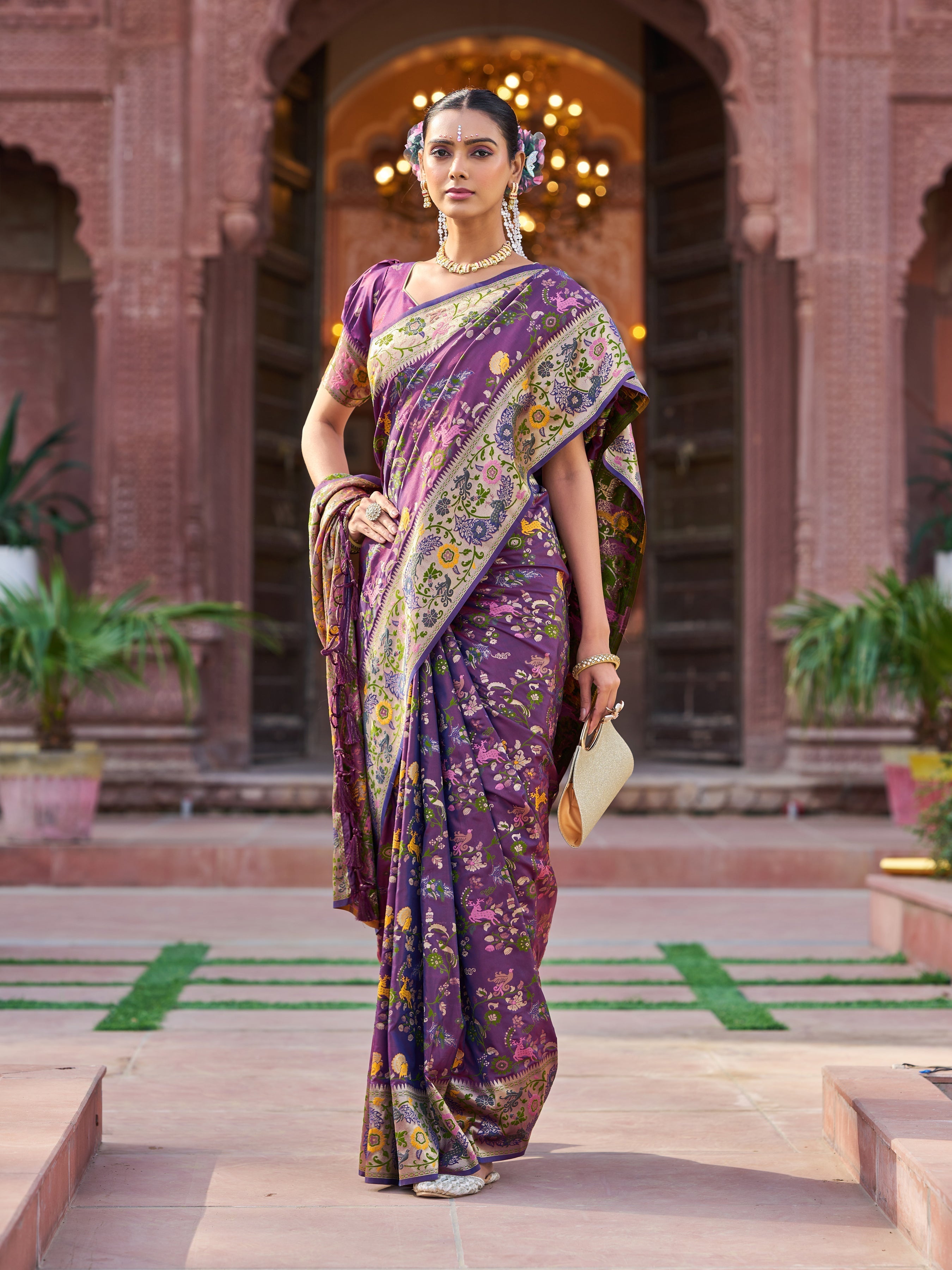 Purple Exquisite Banarasi Jacquard Art Silk Saree with Matching Border Blouse – Perfect for Weddings