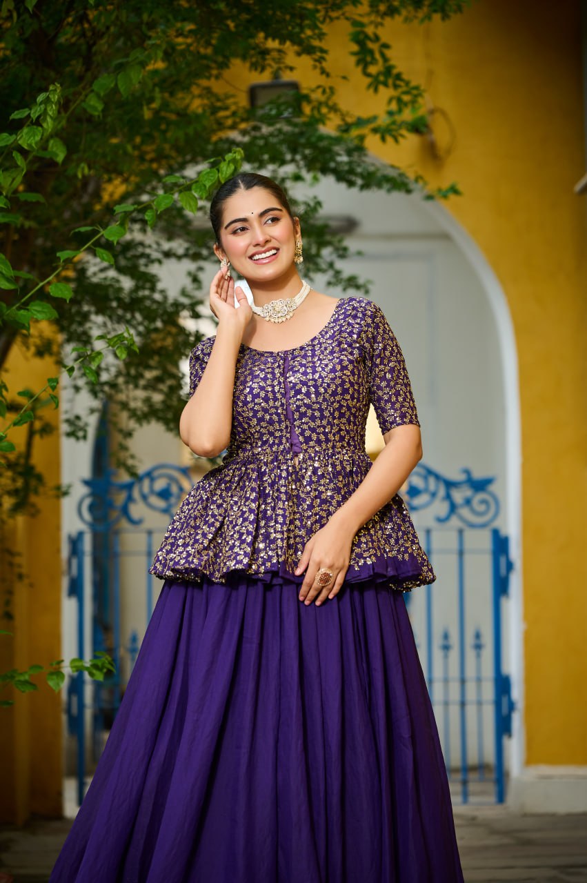 Purple Fendy Fabric Full-Stitched Lehenga Set with Sequins Embroidered Peplum Blouse