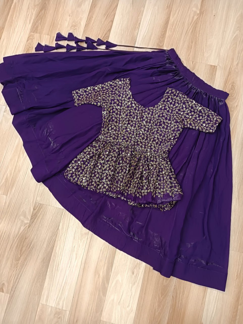Purple Fendy Fabric Full-Stitched Lehenga Set with Sequins Embroidered Peplum Blouse