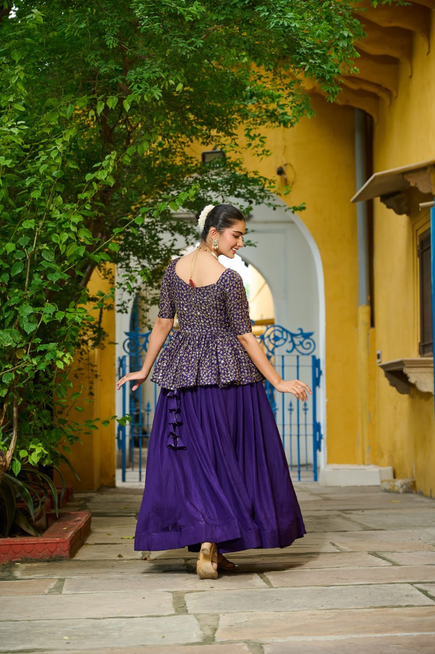 Purple Fendy Fabric Full-Stitched Lehenga Set with Sequins Embroidered Peplum Blouse