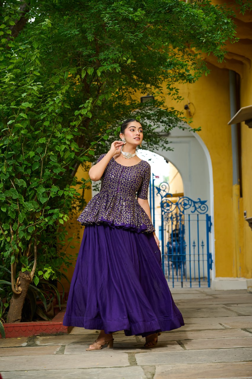 Purple Fendy Fabric Full-Stitched Lehenga Set with Sequins Embroidered Peplum Blouse