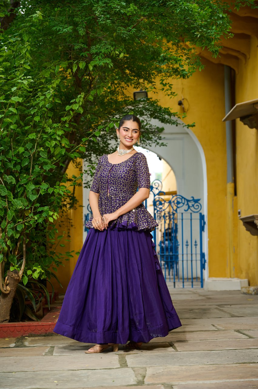 Purple Fendy Fabric Full-Stitched Lehenga Set with Sequins Embroidered Peplum Blouse