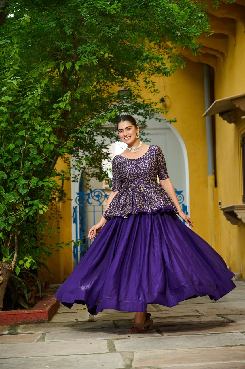 Purple Fendy Fabric Full-Stitched Lehenga Set with Sequins Embroidered Peplum Blouse