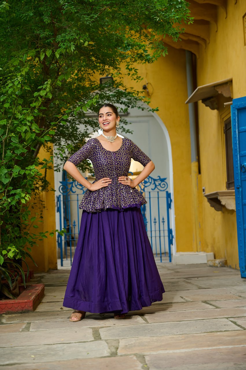 Purple Fendy Fabric Full-Stitched Lehenga Set with Sequins Embroidered Peplum Blouse