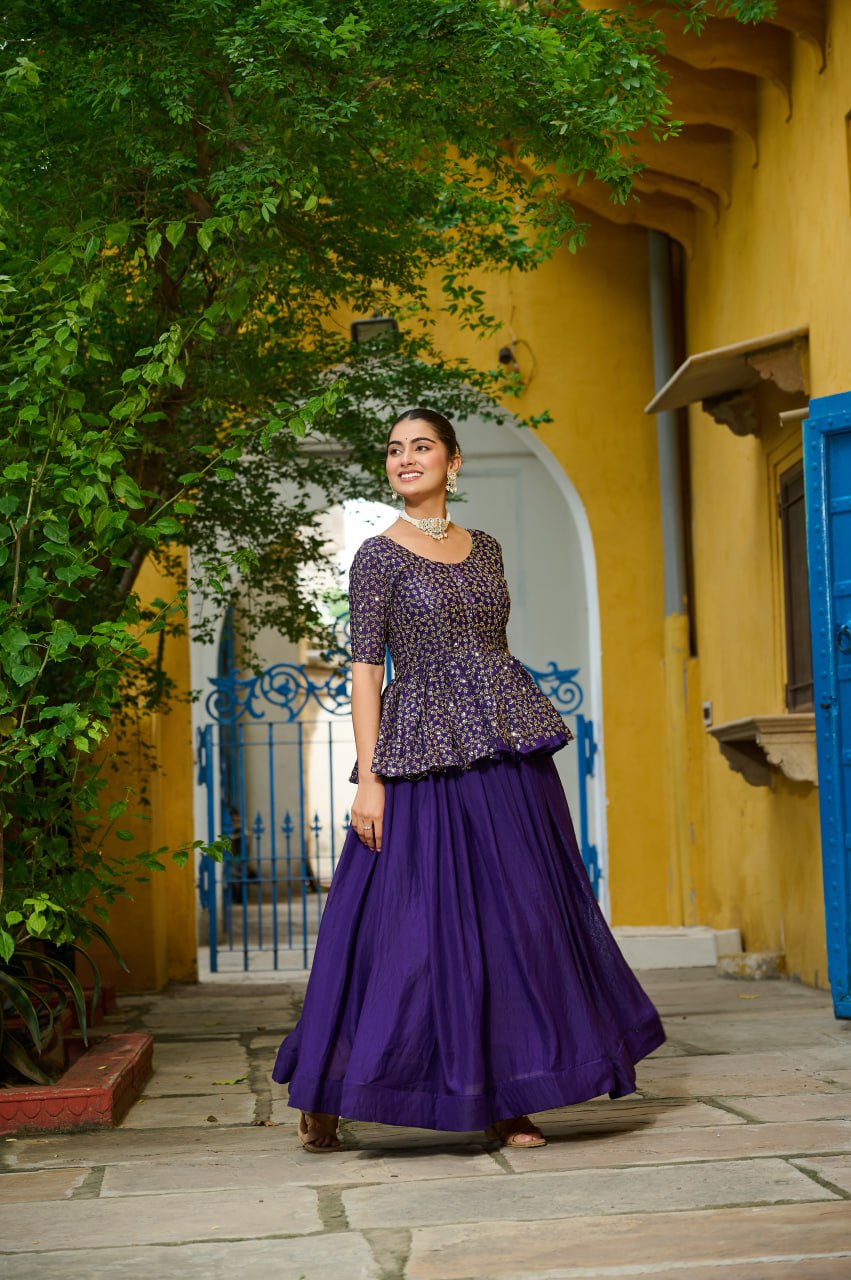 Purple Fendy Fabric Full-Stitched Lehenga Set with Sequins Embroidered Peplum Blouse