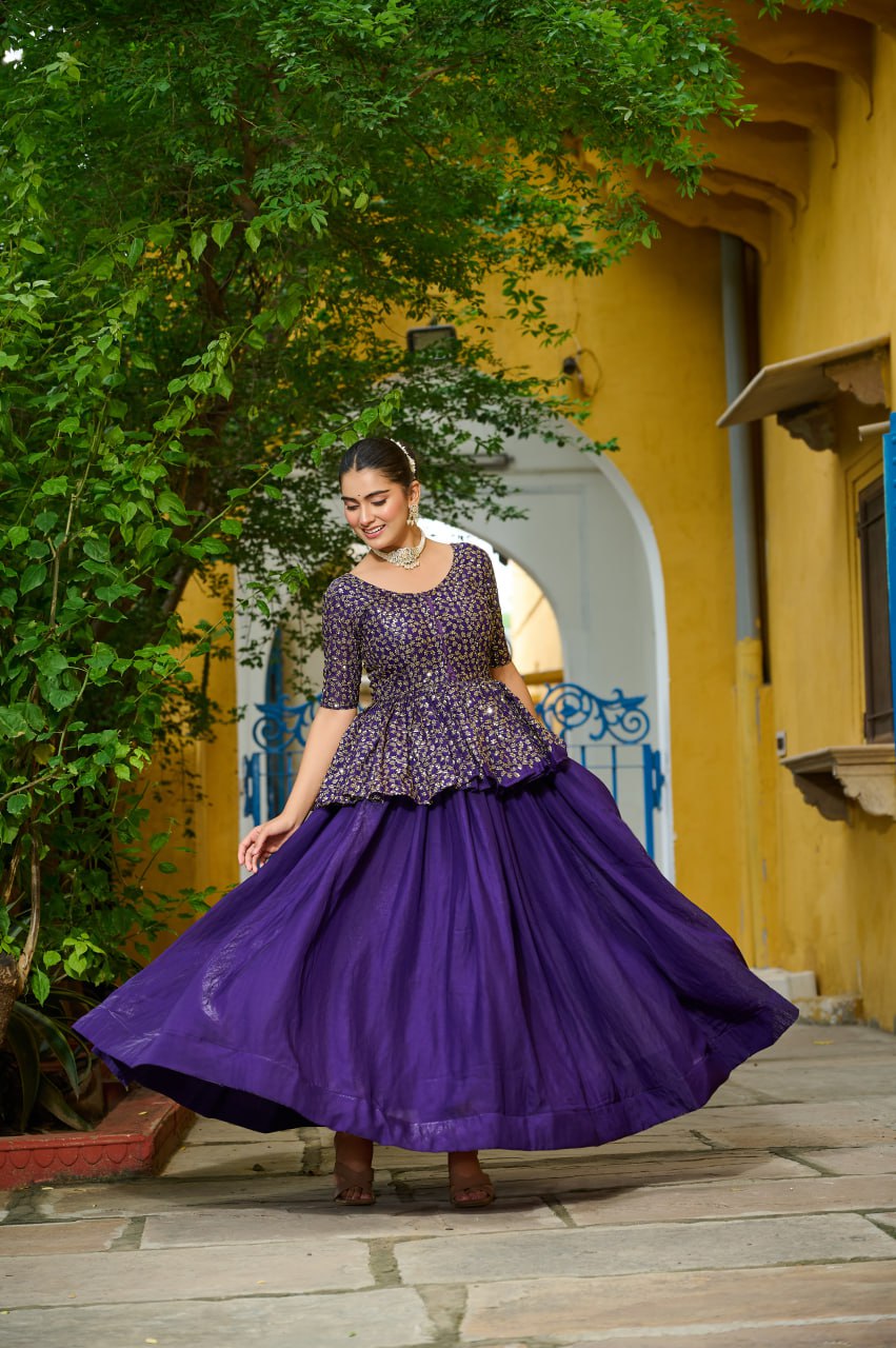 Purple Fendy Fabric Full-Stitched Lehenga Set with Sequins Embroidered Peplum Blouse