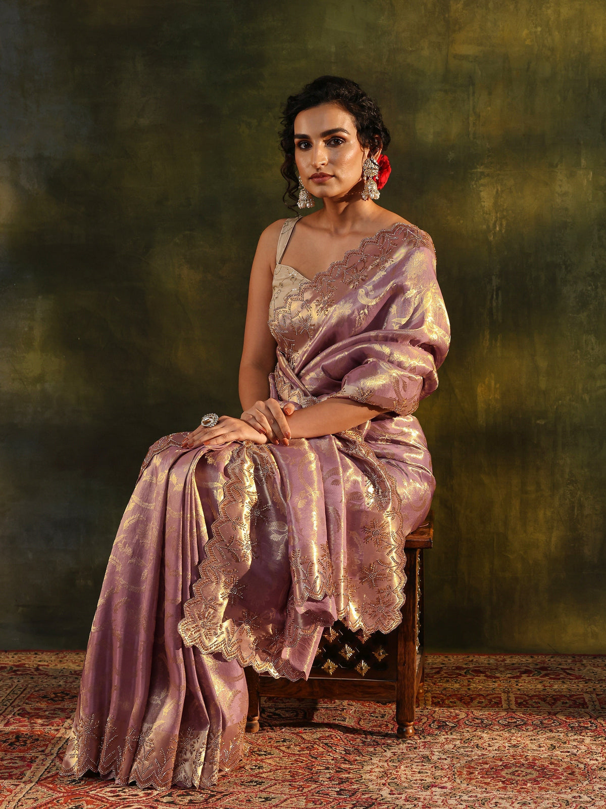 Anouk Purple Floral Embellished Silk Saree With Unstitched Blouse Piece