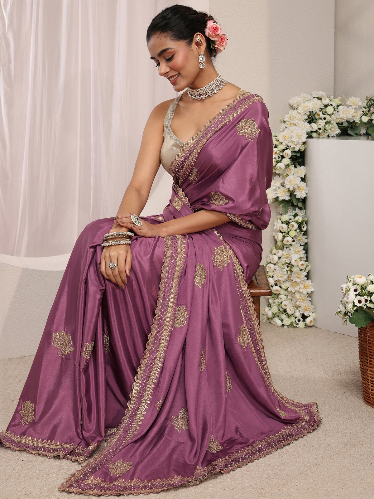 Anouk Purple Floral Embroidered Satin Saree With Unstitched Blouse Piece