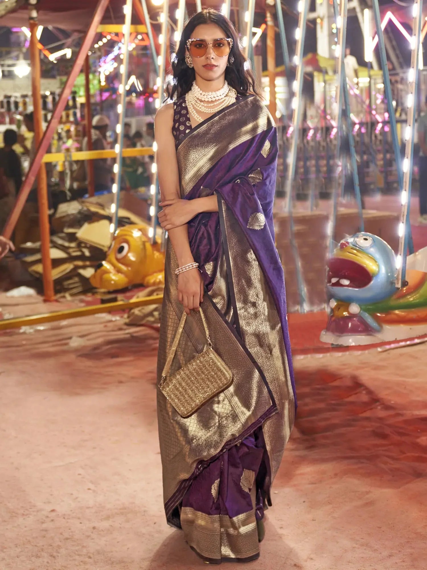 Purple Floral Printed Banarasi Silk Saree with Zari Woven Pallu