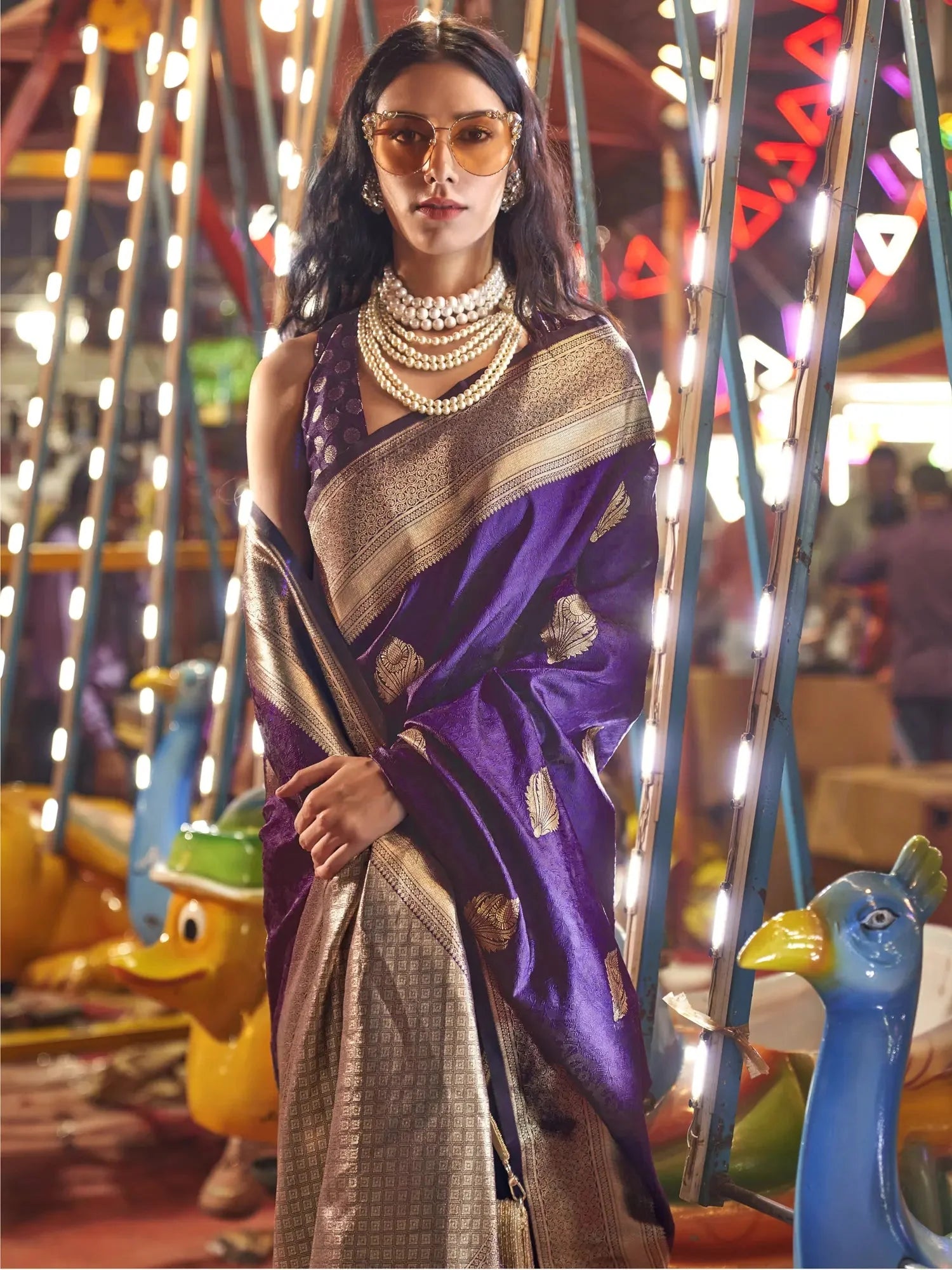 Purple Floral Printed Banarasi Silk Saree with Zari Woven Pallu