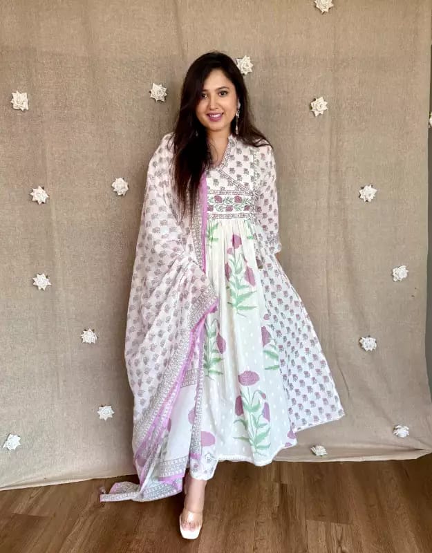 Purple Floral Printed Cotton Angrakha Kurti Set with Sequence Work & Mul Cotton Dupatta