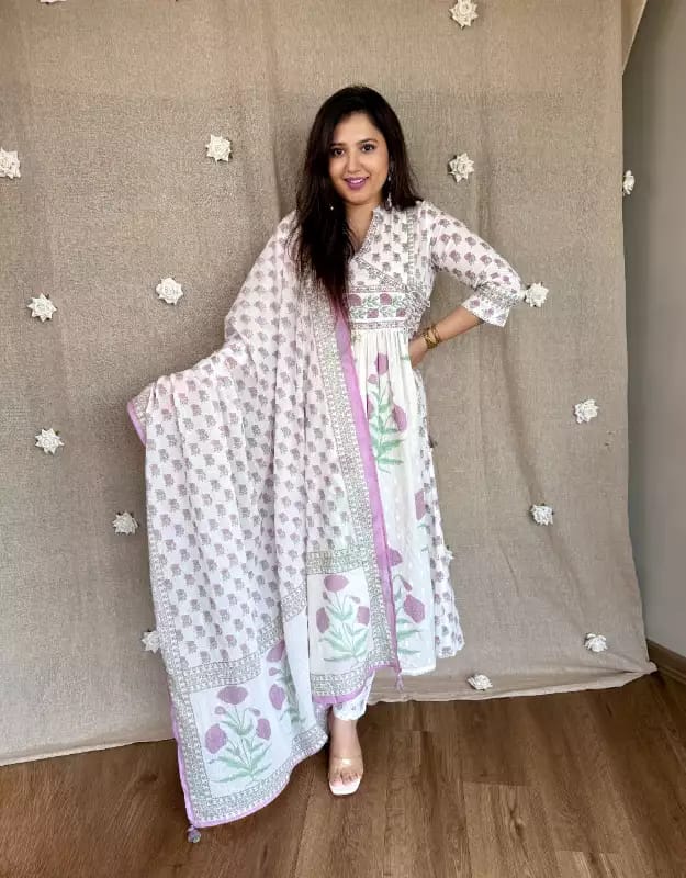 Purple Floral Printed Cotton Angrakha Kurti Set with Sequence Work & Mul Cotton Dupatta