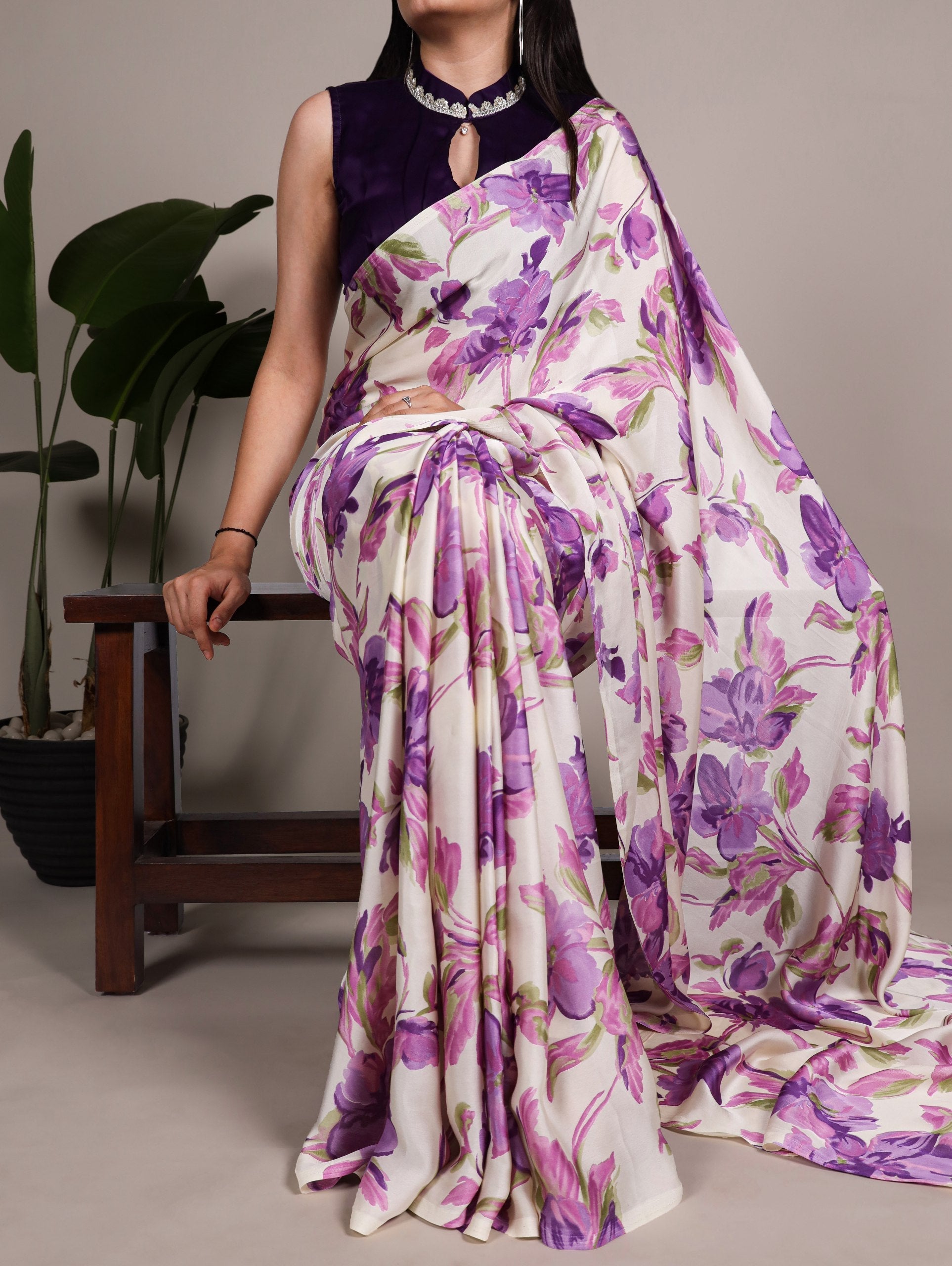 Purple Floral Printed Satin Silk Saree with Fully Stitched Adjustable Natural Silk Blouse & Lace Detailing – Party & Festive Wear