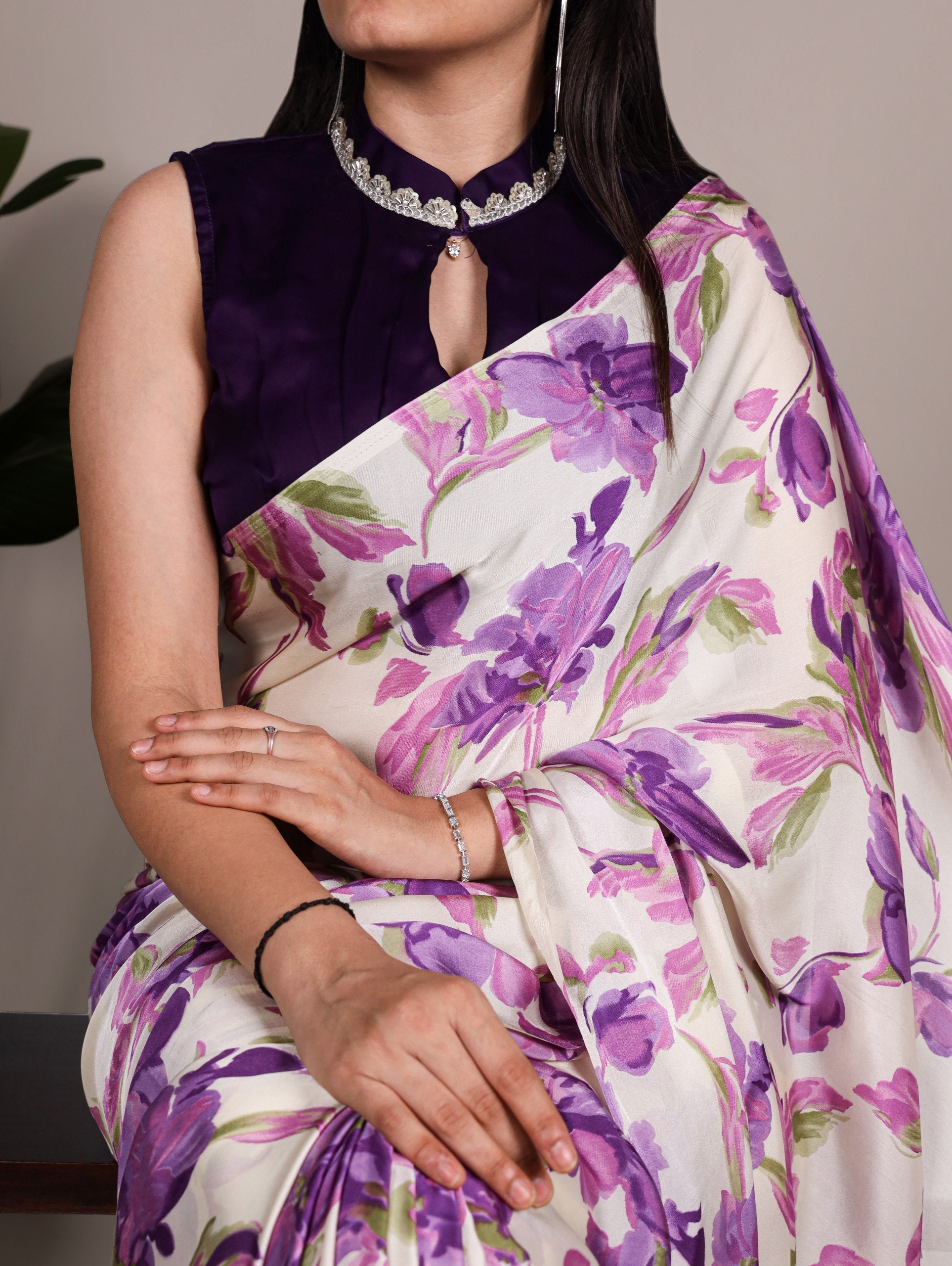 Purple Floral Printed Satin Silk Saree with Fully Stitched Adjustable Natural Silk Blouse & Lace Detailing – Party & Festive Wear
