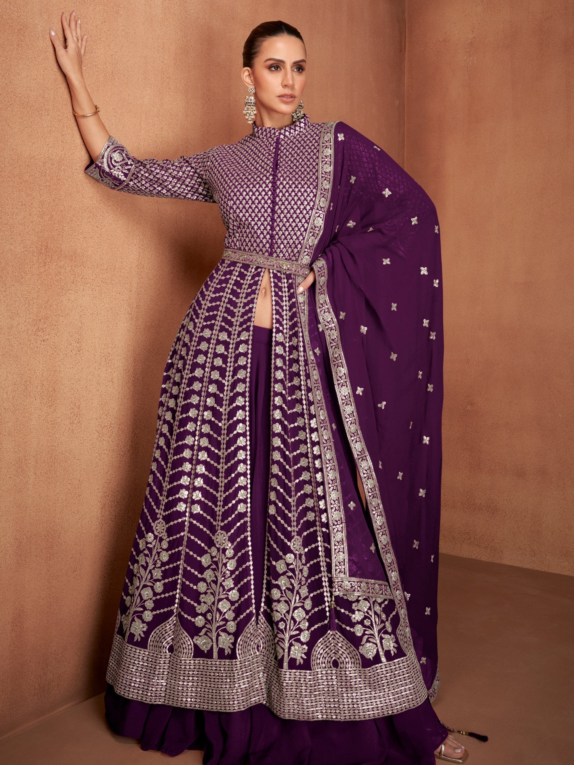 Purple Georgette Embroidered Lehenga Set