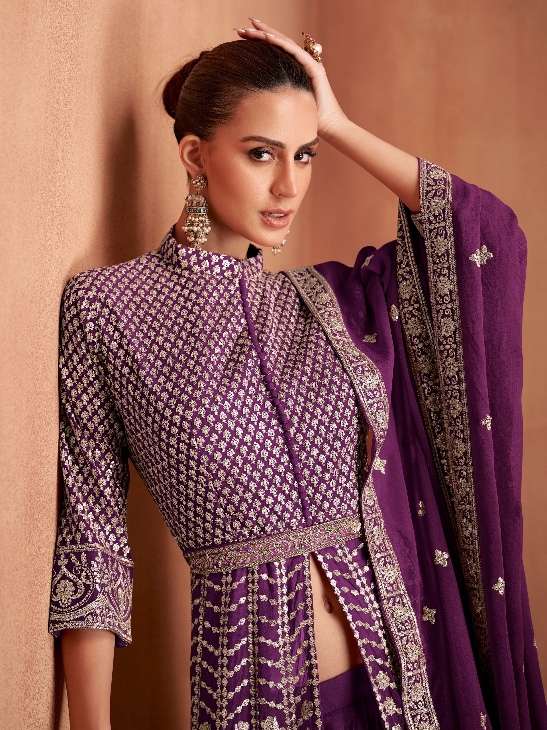 Purple Georgette Embroidered Lehenga Set
