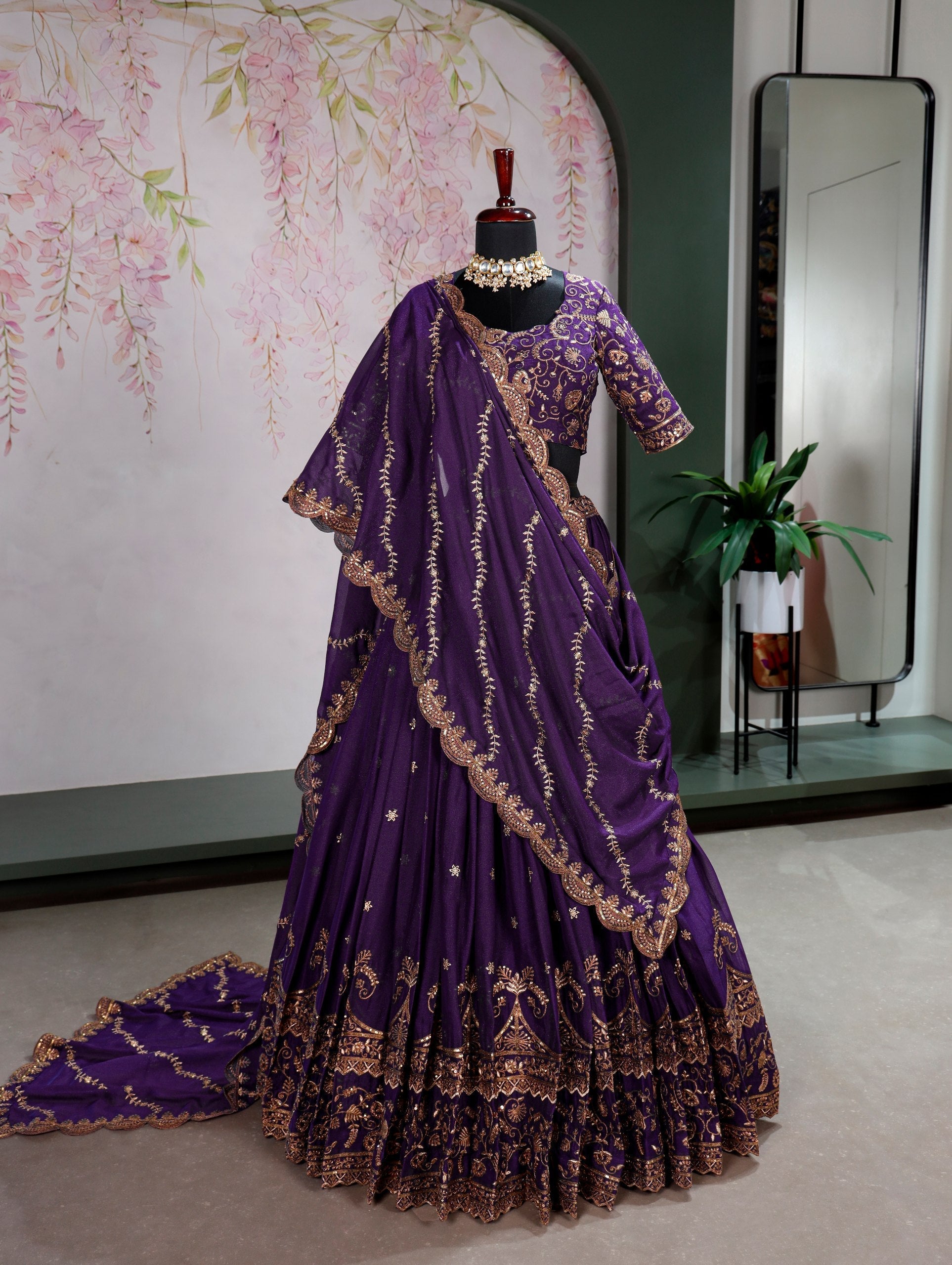 Purple Georgette Embroidered Lehenga