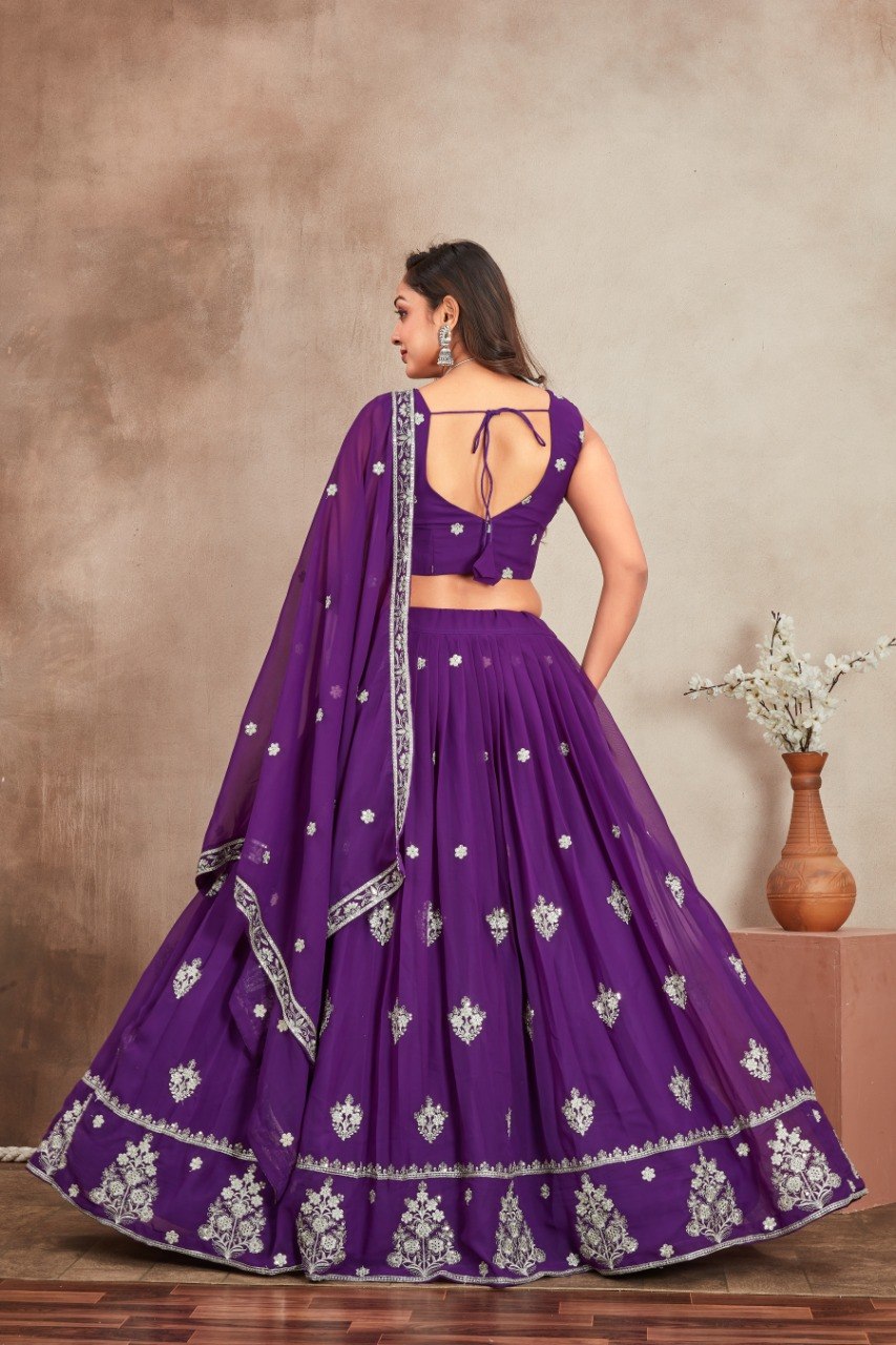 Purple Georgette Embroidered Lehenga