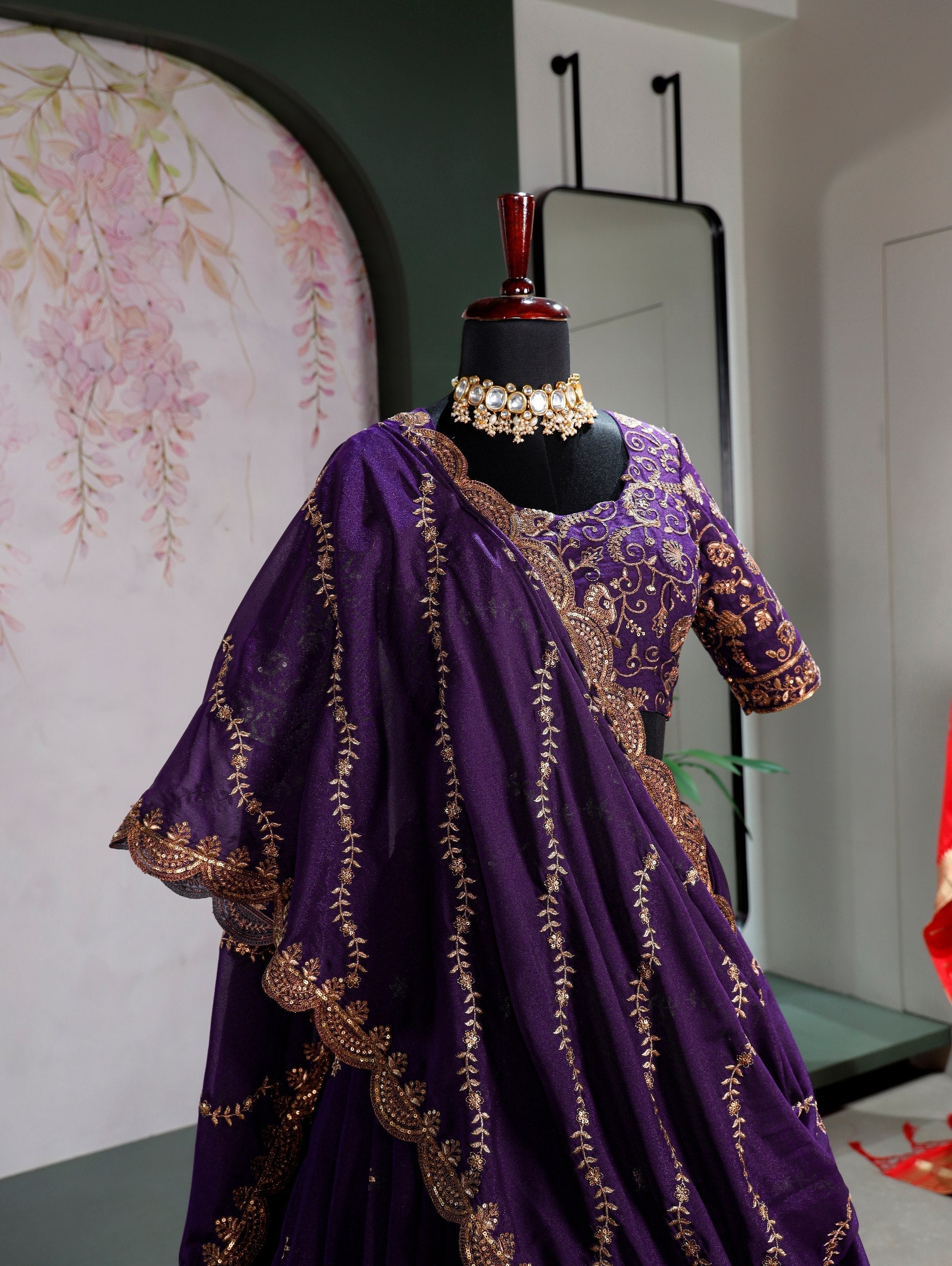 Purple Georgette Embroidered Lehenga