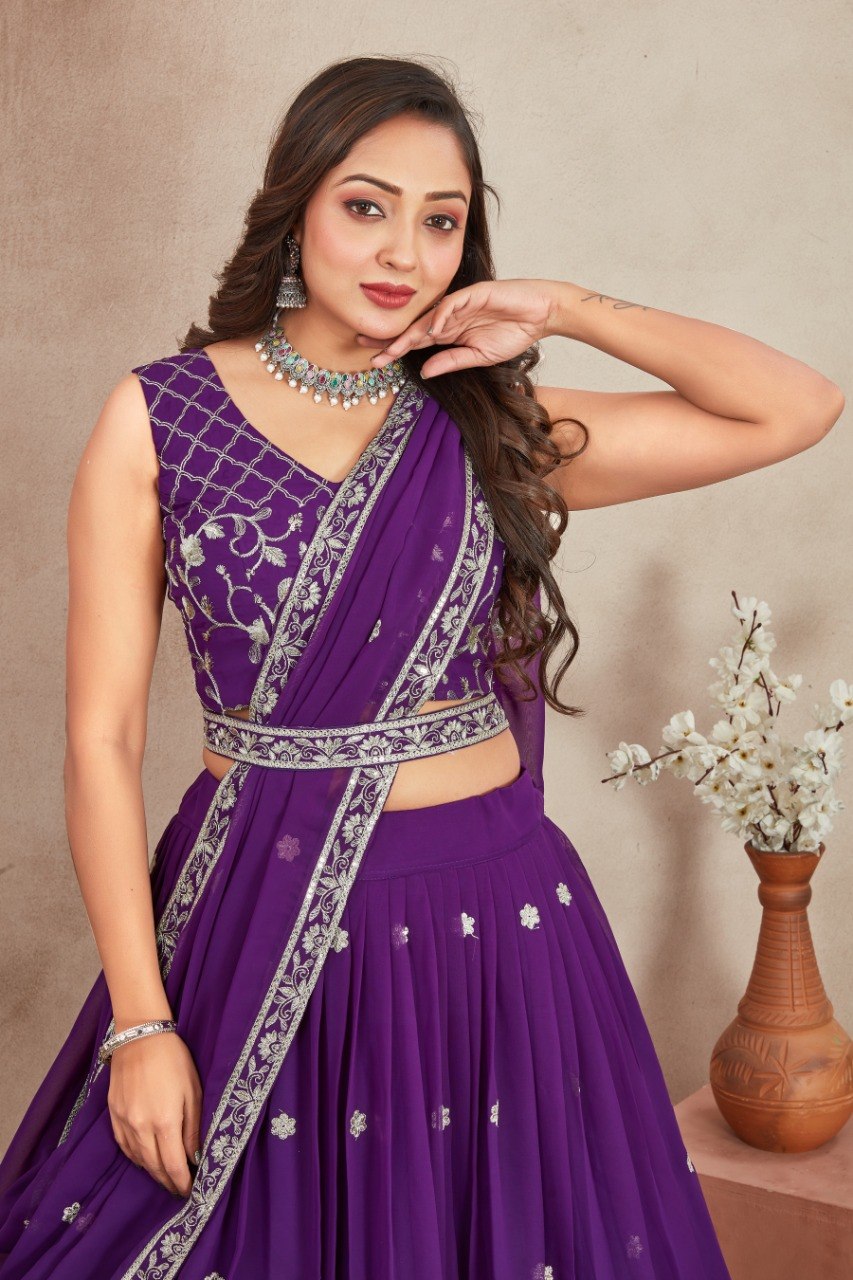 Purple Georgette Embroidered Lehenga