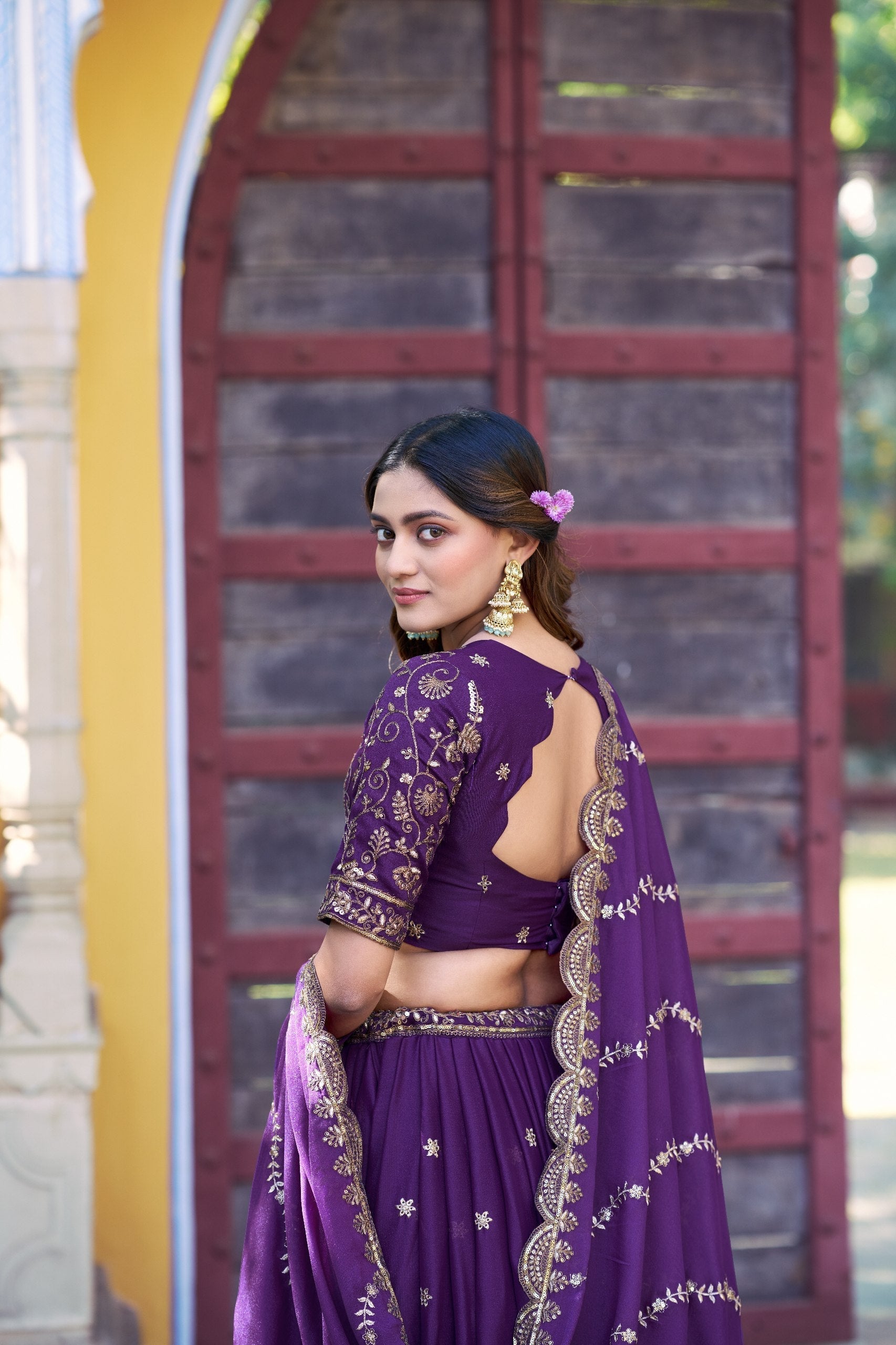 Purple Georgette Embroidered Lehenga