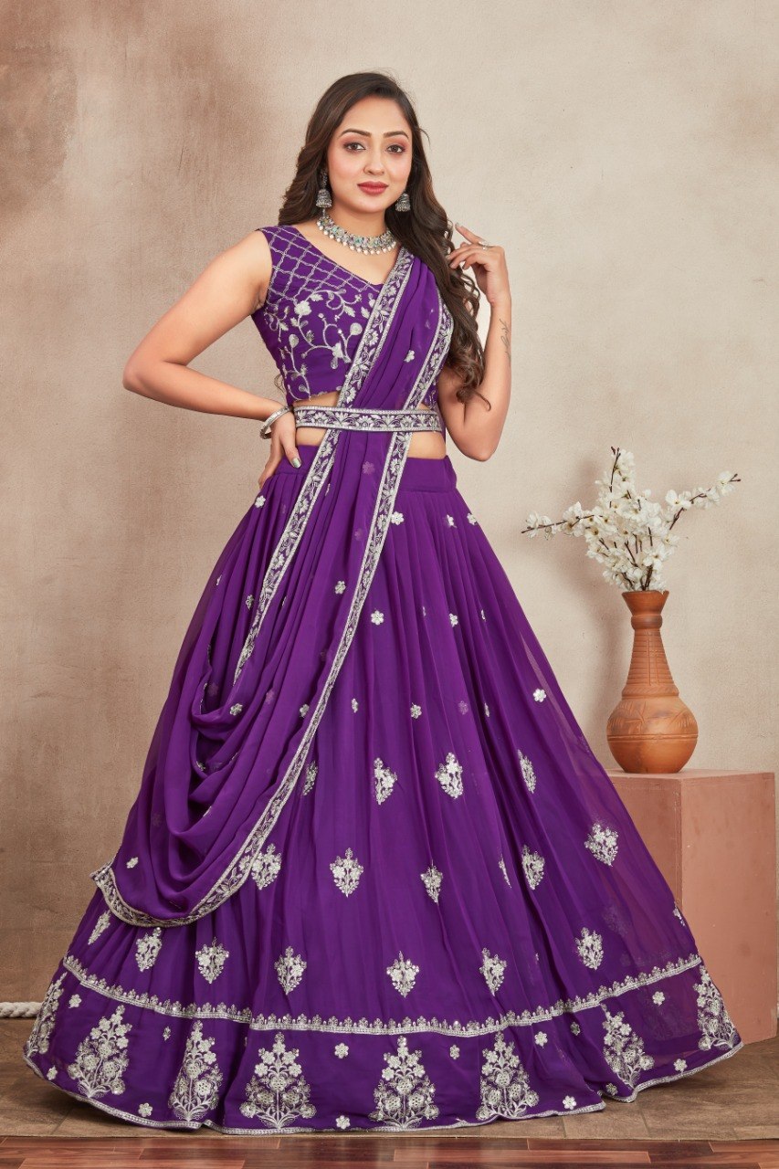 Purple Georgette Embroidered Lehenga